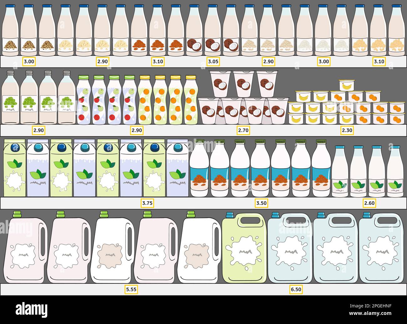 Milchprodukte, Milchprodukte und vegane Milchalternativen in Regalen im Supermarkt. Milchflasche, Karton, Joghurt. Milchkauf. Handgezeichneter Vektor i Stock Vektor