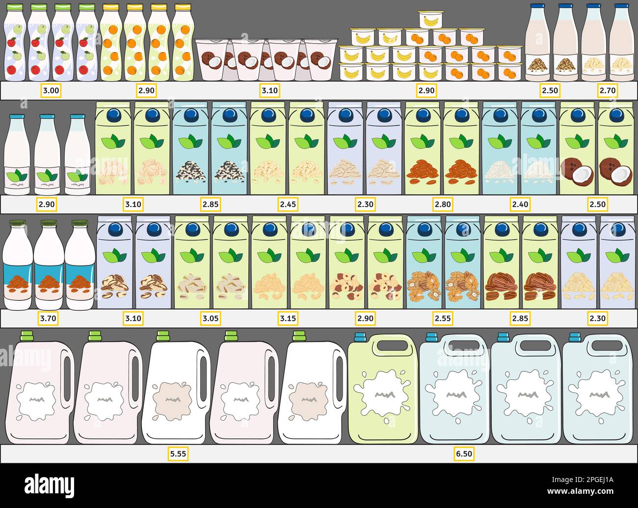 Milchprodukte, Milchprodukte und vegane Milchalternativen in Regalen im Supermarkt. Milchflasche, Karton, Joghurt. Milchkauf. Handgezeichnete Vektoreile Stock Vektor