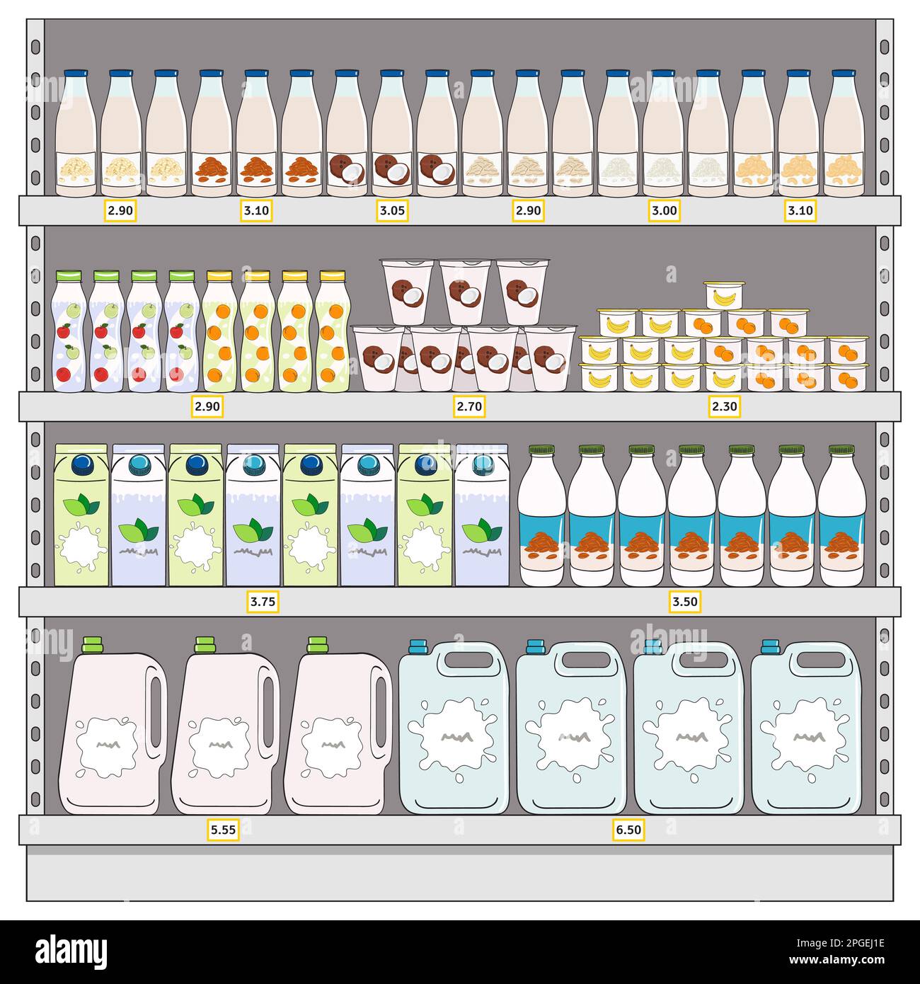 Milchprodukte, Milchprodukte und vegane Milchalternativen in Regalen im Supermarkt. Milchflasche, Karton, Joghurt. Milchkauf. Handgezeichnete Vektoreile Stock Vektor