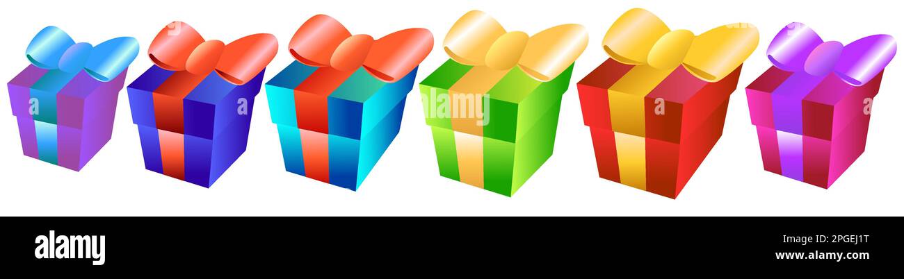 Set mit mehrfarbigen Geschenken auf weißem Hintergrund. Stock Vektor