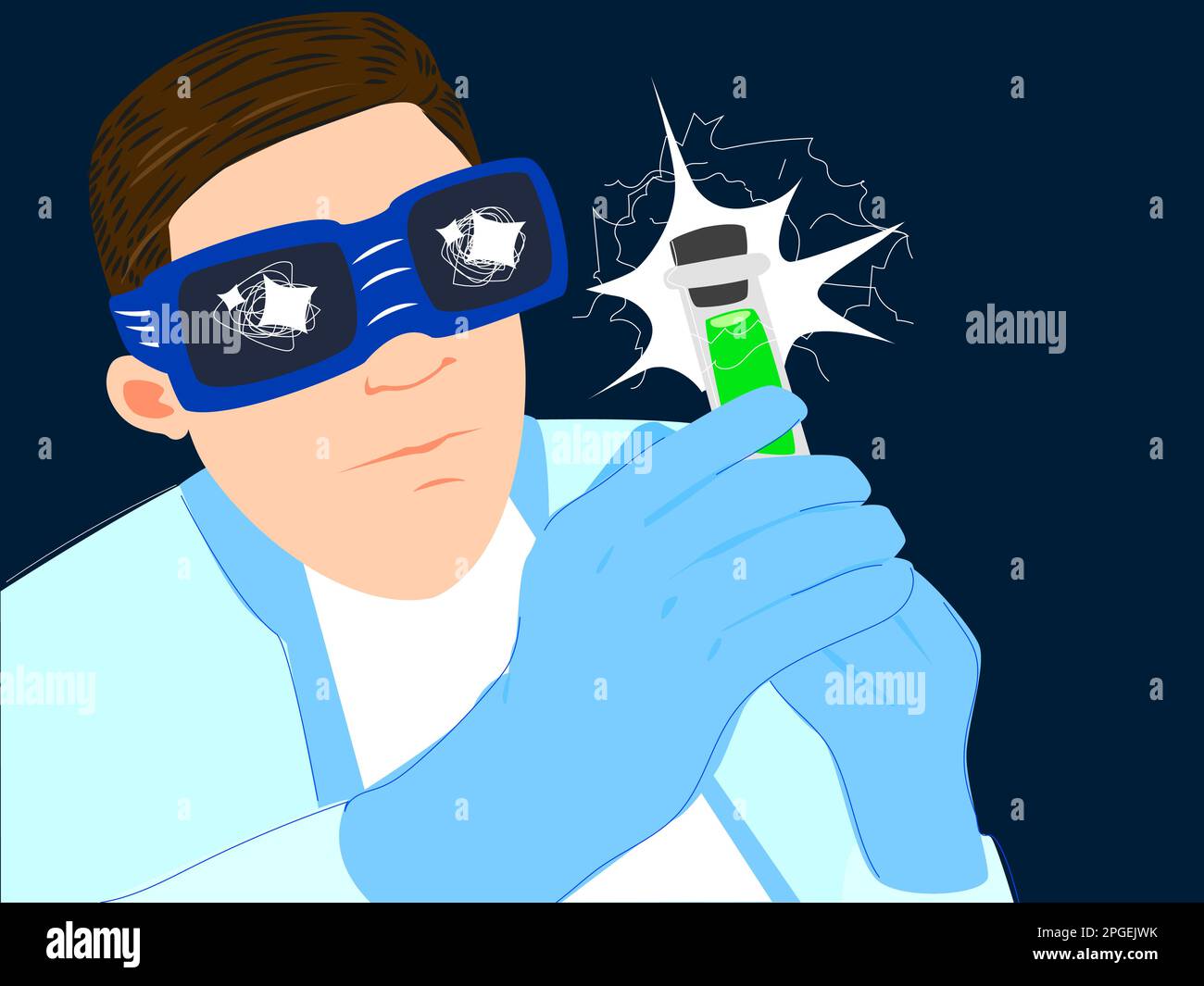 Glaswissenschaftler mit einem leuchtend grünen Kolben auf dunklem Hintergrund. Das Konzept eines Erfinders, der einen Impfstoff und neue Medikamente herstellt. Viehvektor illus Stock Vektor