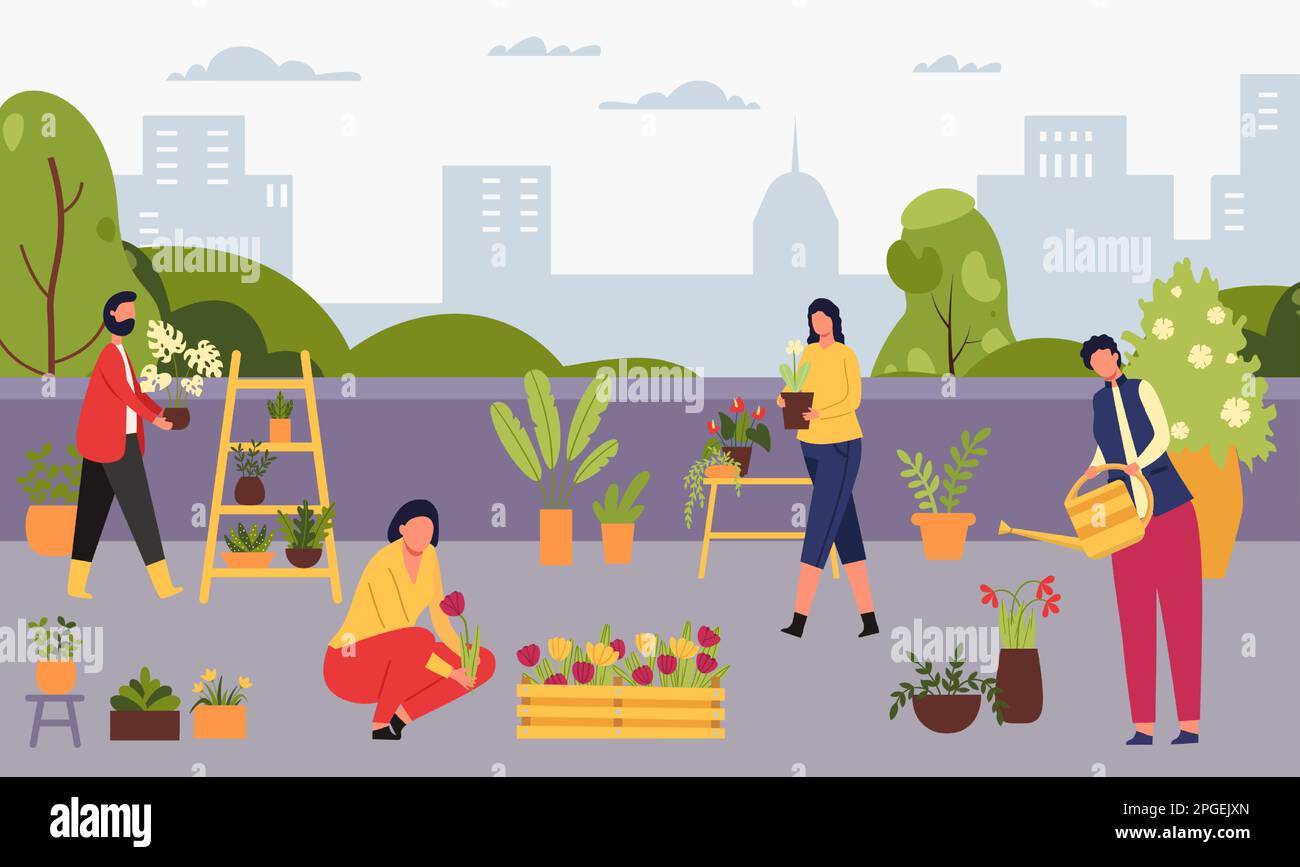 Stadtgärtnern, Blumen und Pflanzen anbauen. Vektor der Gartenpflanze, urbanes Gartengrün Illustration von Charakter Frau und Mann Stock Vektor