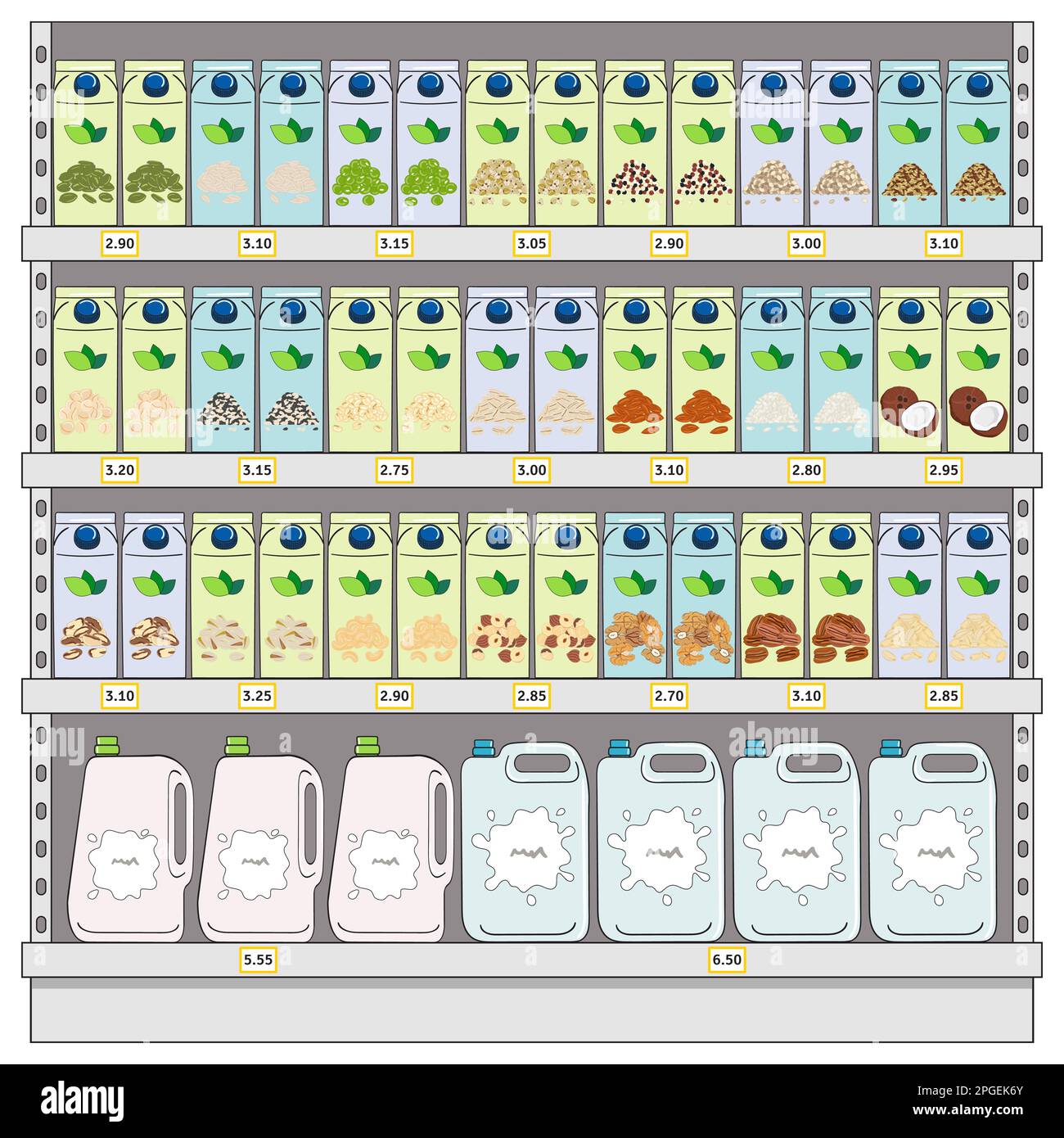 Milchprodukte, Milchprodukte und vegane Milchalternativen in Regalen im Supermarkt. Milchflasche, Karton, Joghurt. Milchkauf. Handgezeichneter Vektor i Stock Vektor