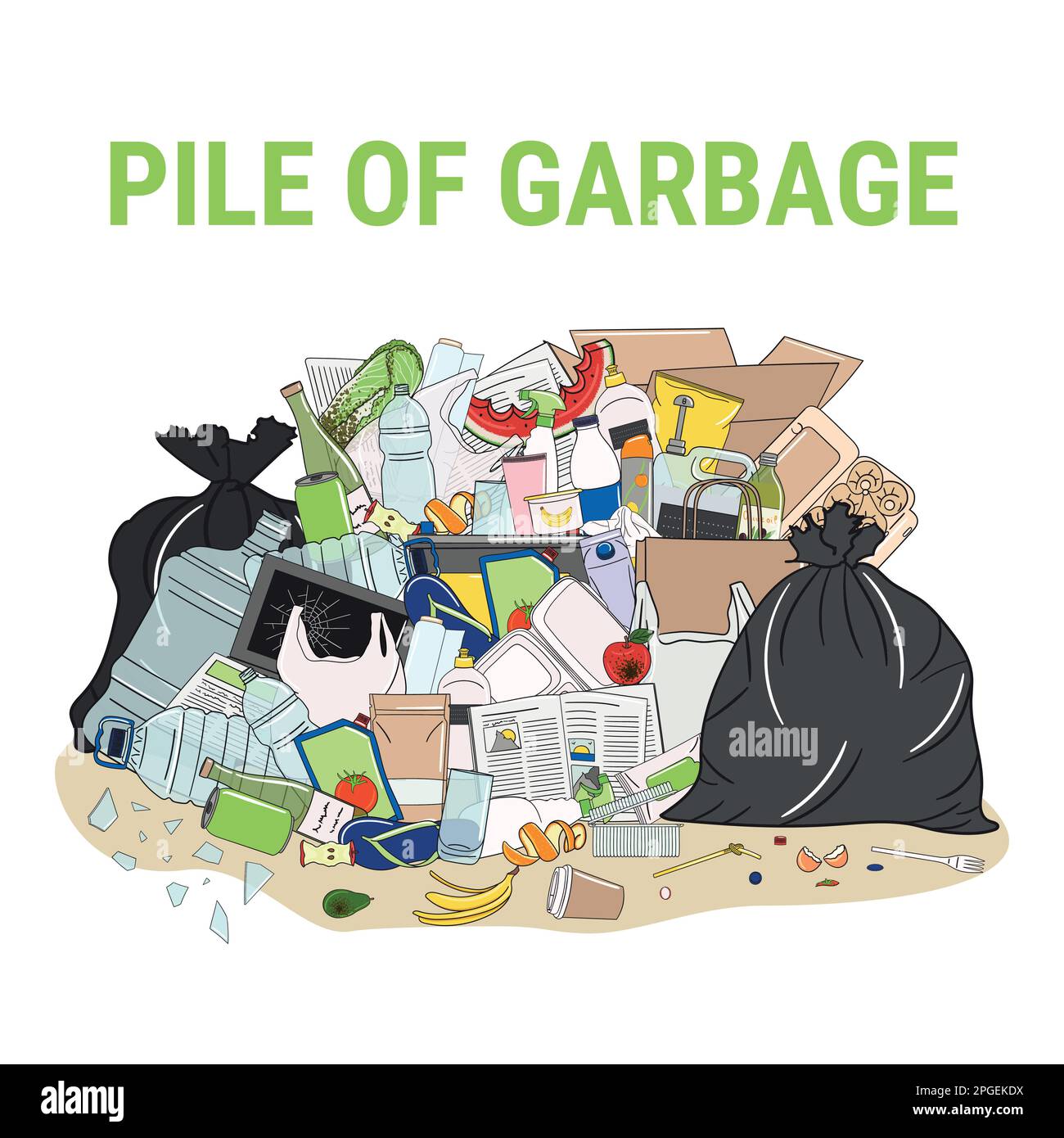 Müllhaufen und überlaufender Müll, Lebensmittel, Metall, Kunststoff, Papier, Glas, gemischter Müll. Abfallbewirtschaftung. Müllverschmutzung. Handgezeichnete Vektorillus Stock Vektor