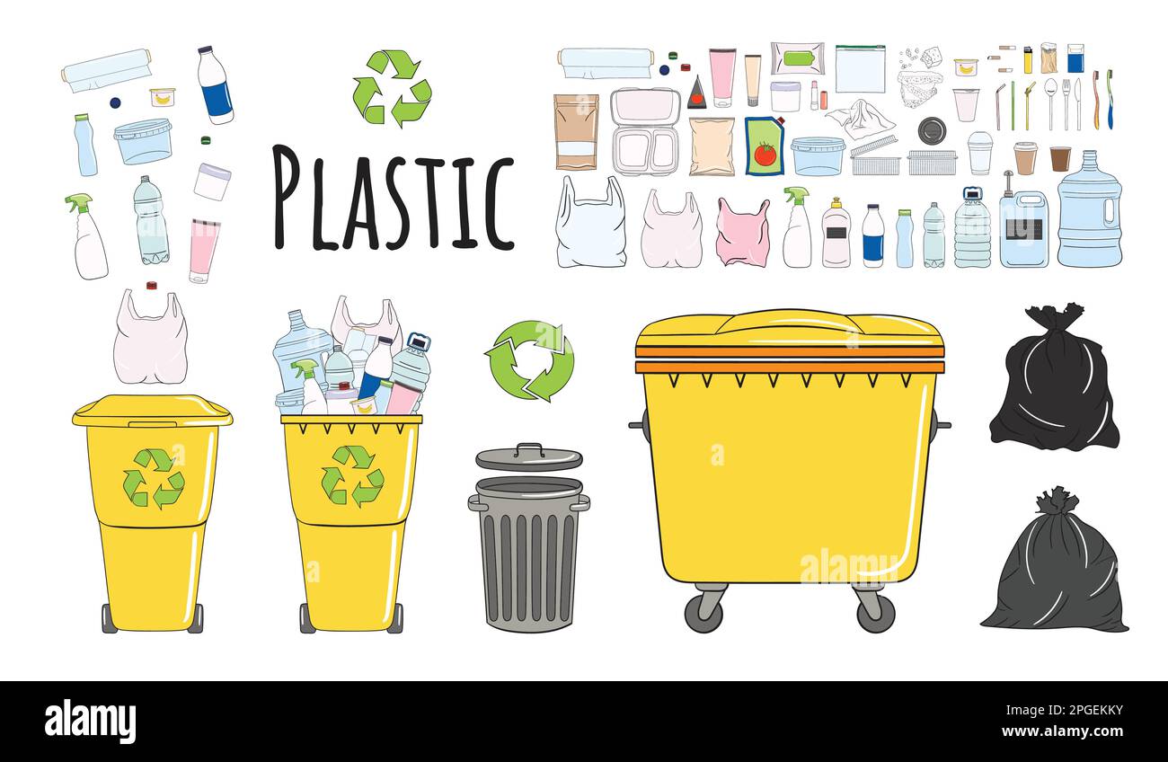 Ein Satz Mülltonnen mit Plastikmüll. Recyceln Sie Mülltonnen voller Müll. Abfallbewirtschaftung. Müll wird in Mülltonnen sortiert. Nutzungskonzept. Ha Stock Vektor