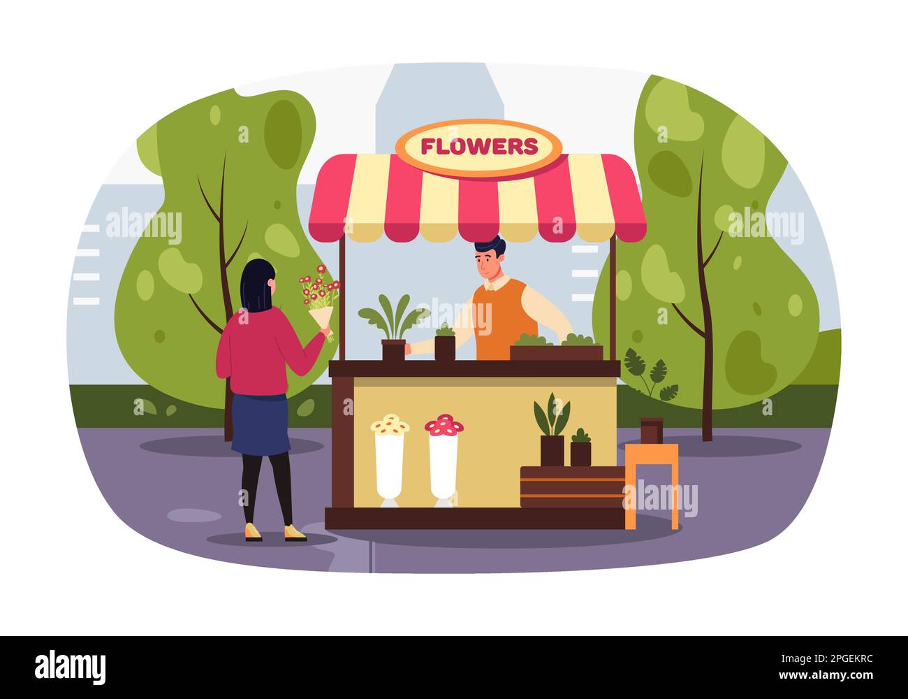 Eine Frau, die Blumen in einem Kiosk kauft. Vektor der Straßendarstellung, Blume, Verkäufer für Kiosk Stock Vektor