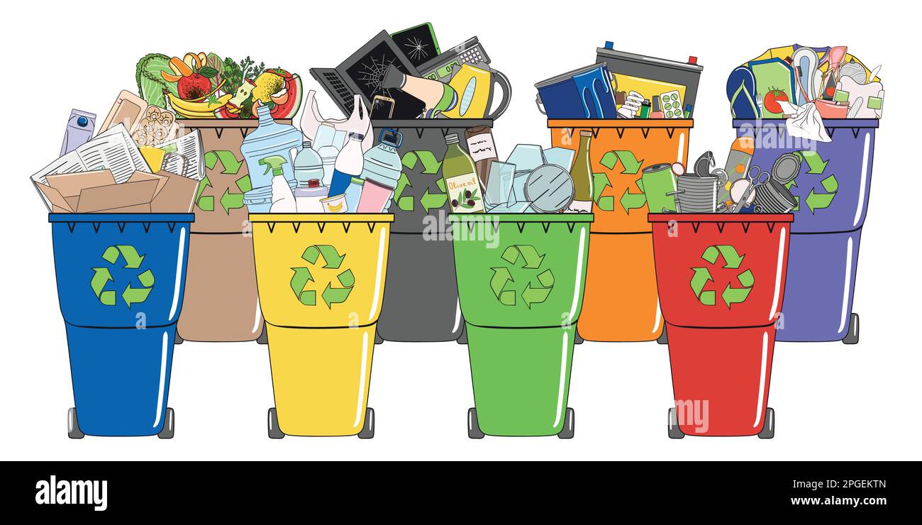 Ein Set Mülltonnen mit sortiertem Müll. Papierkorb recyceln. Abfallbewirtschaftung. Müll sortieren. Organisch, Metall, Kunststoff, Papier, Glas fallen in Behälter. Stock Vektor