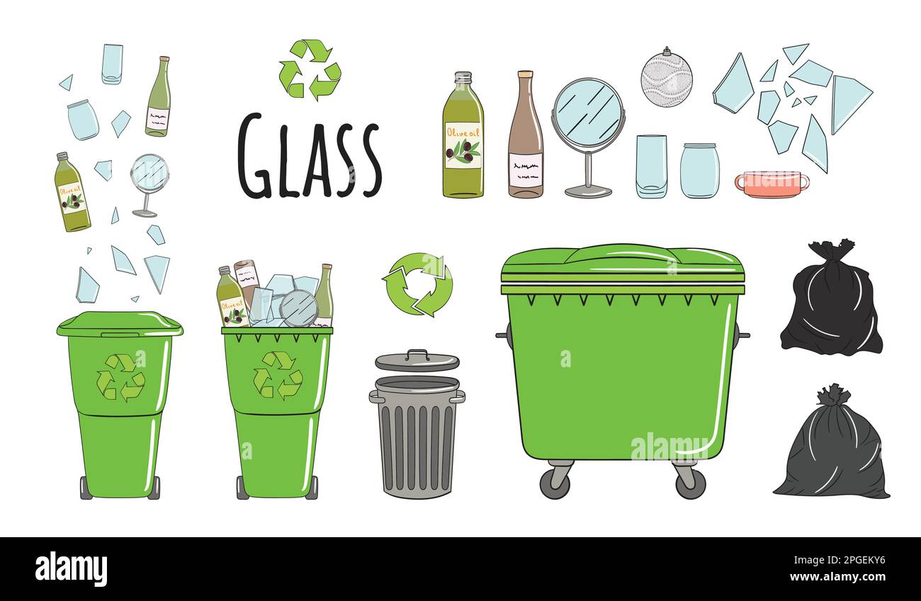 Mülltonnen mit Glasmüll. Recyceln Sie Mülltonnen voller Müll. Abfallbewirtschaftung. Müll wird in Mülltonnen sortiert. Nutzungskonzept. Die Hand Stock Vektor