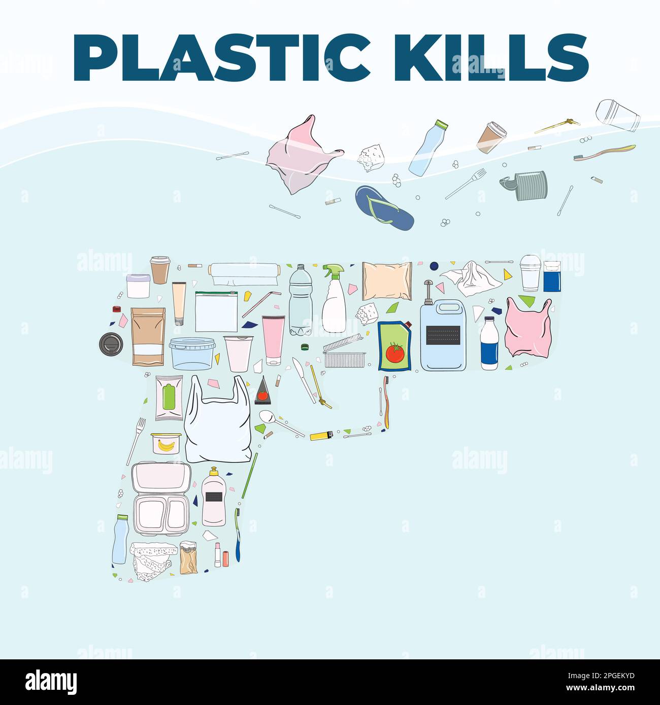 Plastikmüll in Gewehrform. Plastik tötet Poster. Meeresverschmutzung, Meeresverschmutzung, Küstenverschmutzung. Globale Umweltprobleme. Rette das Ozean-Konzept. Hand dra Stock Vektor