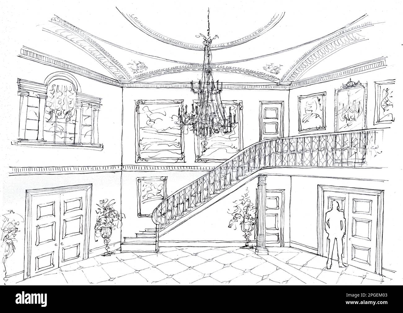 Schwarzweiße Skizze eines großen Flurs im klassischen Stil in einem Landhaus. Stockfoto