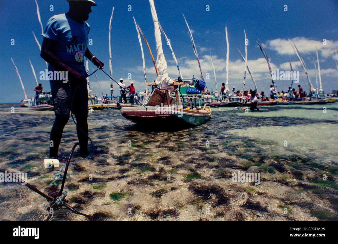 Der Segler zieht seine jangada in den natürlichen Pools der Korallenriffe, wo Touristen schwimmende Bars genießen. Pajuccara Beach, Maceió, Staat Alagoas, Brasilien. Die Pools liegen ca. 2 km vom Strand entfernt und die Entfernung kann je nach Gezeiten variieren. Bei Ebbe können die Pools zu Fuß erreicht werden, während bei Ebbe Besucher mit einem Boot dorthin fahren können. Stockfoto