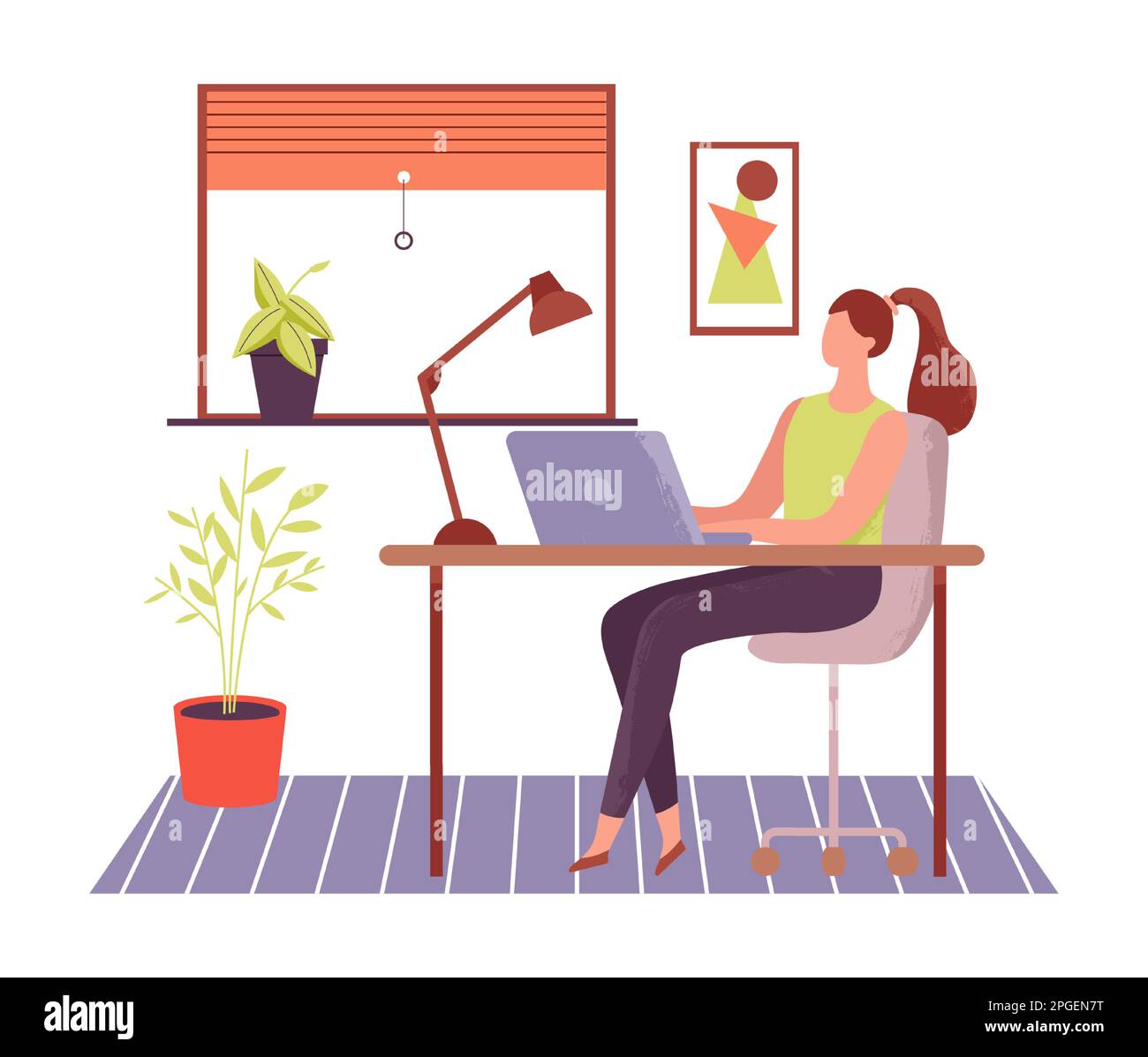 Frau, die online mit einem Laptop arbeitet, freiberufliche Arbeit. Vektor der Online-Laptop-Illustration, Arbeitsplatz zu Hause Stock Vektor