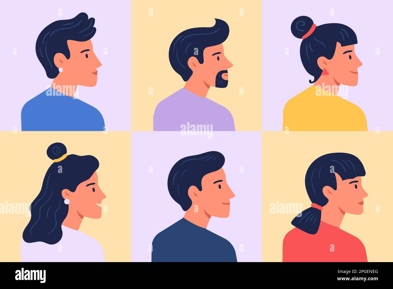 Profilporträts. Avatare weiblich und männlich, Frau und Mann, Darstellungsvektor des Kopfgesichts des weiblichen Personenprofils, männlich und weiblich Stock Vektor