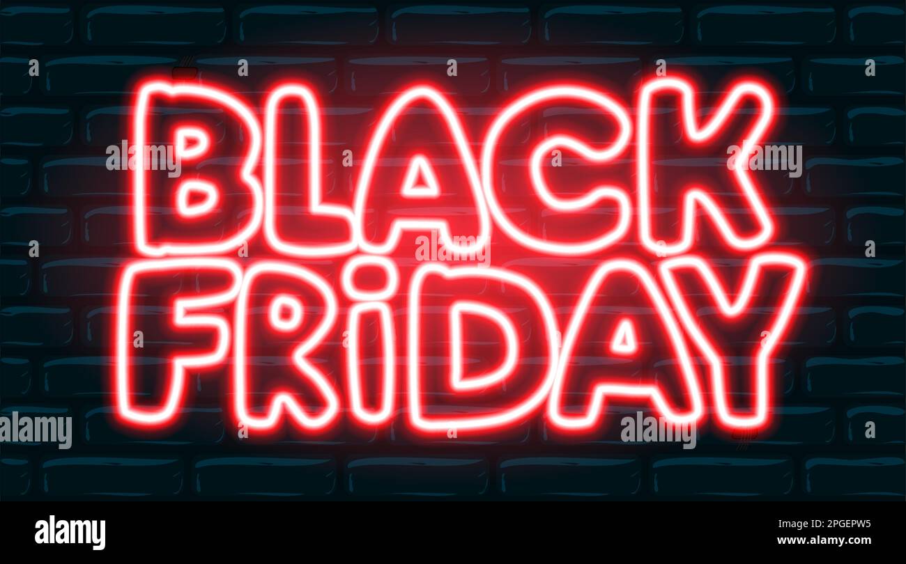 Neonschild Black Friday auf Backsteinwänden. Stock Vektor