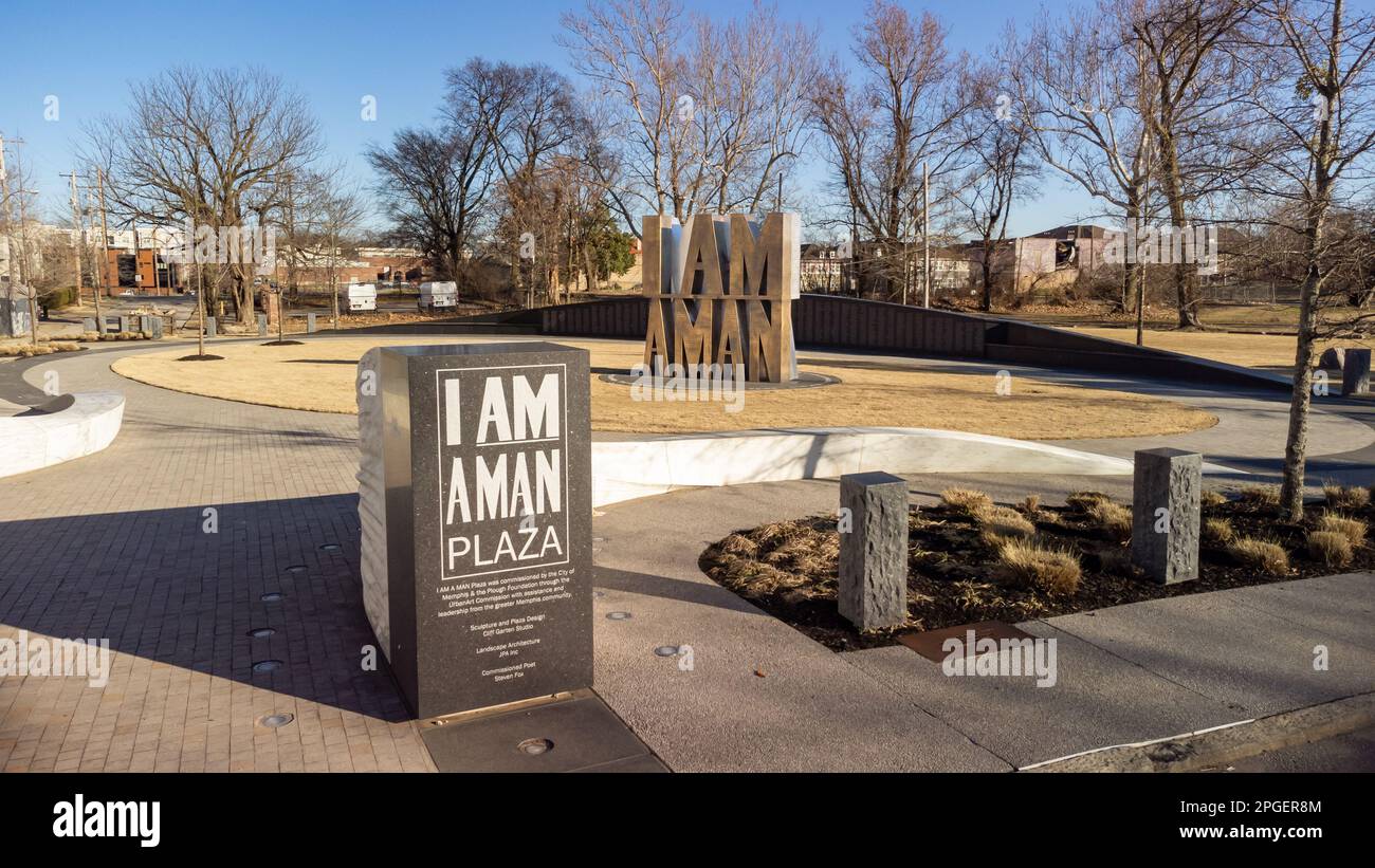 Auf der I AM A MAN Plaza versammelten sich die Sanitäranbieter von Memphis während ihres Streiks von 1968, um gegen die Arbeitsbedingungen zu protestieren. Stockfoto