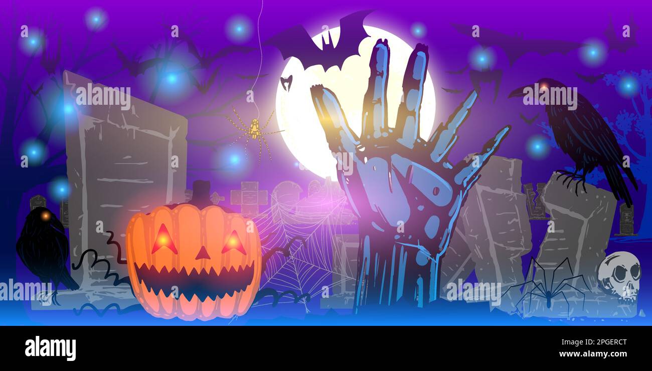 Halloween-Illustration mit Zombies-Hand, Jack Kürbis, Friedhöfen. Stock Vektor