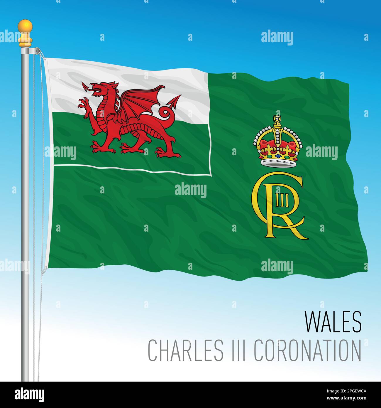 Vereinigtes Königreich, Jahr 2023, offizielles Emblem der Karl Dritten Krönung auf der walisischen Flagge, UK, Vektordarstellung Stock Vektor