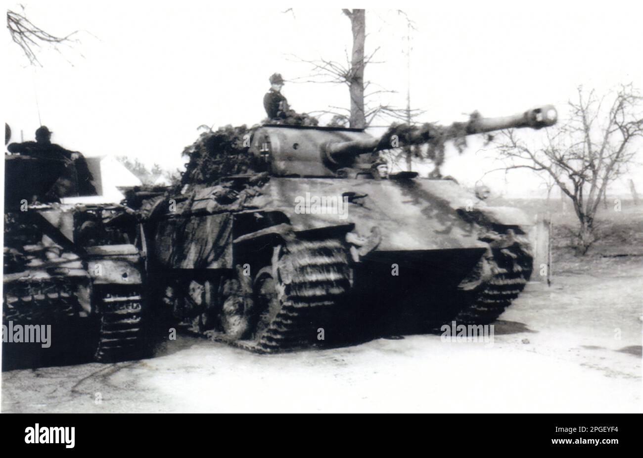 B&W-Foto aus dem 2. Weltkrieg Ein Nazi-Propagandafilm , deutscher Panther-Panzer, der im Sommer 1944 an der Ostfront an einem k.o. gebrochenen sowjetischen Panzer vorbeikommt Stockfoto