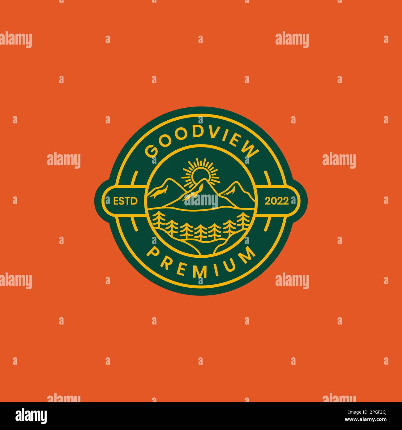 Morning Vibe Mountain Sunrise Sunburst Line Kreisabzeichen minimales Logo Vektor Stock Vektor