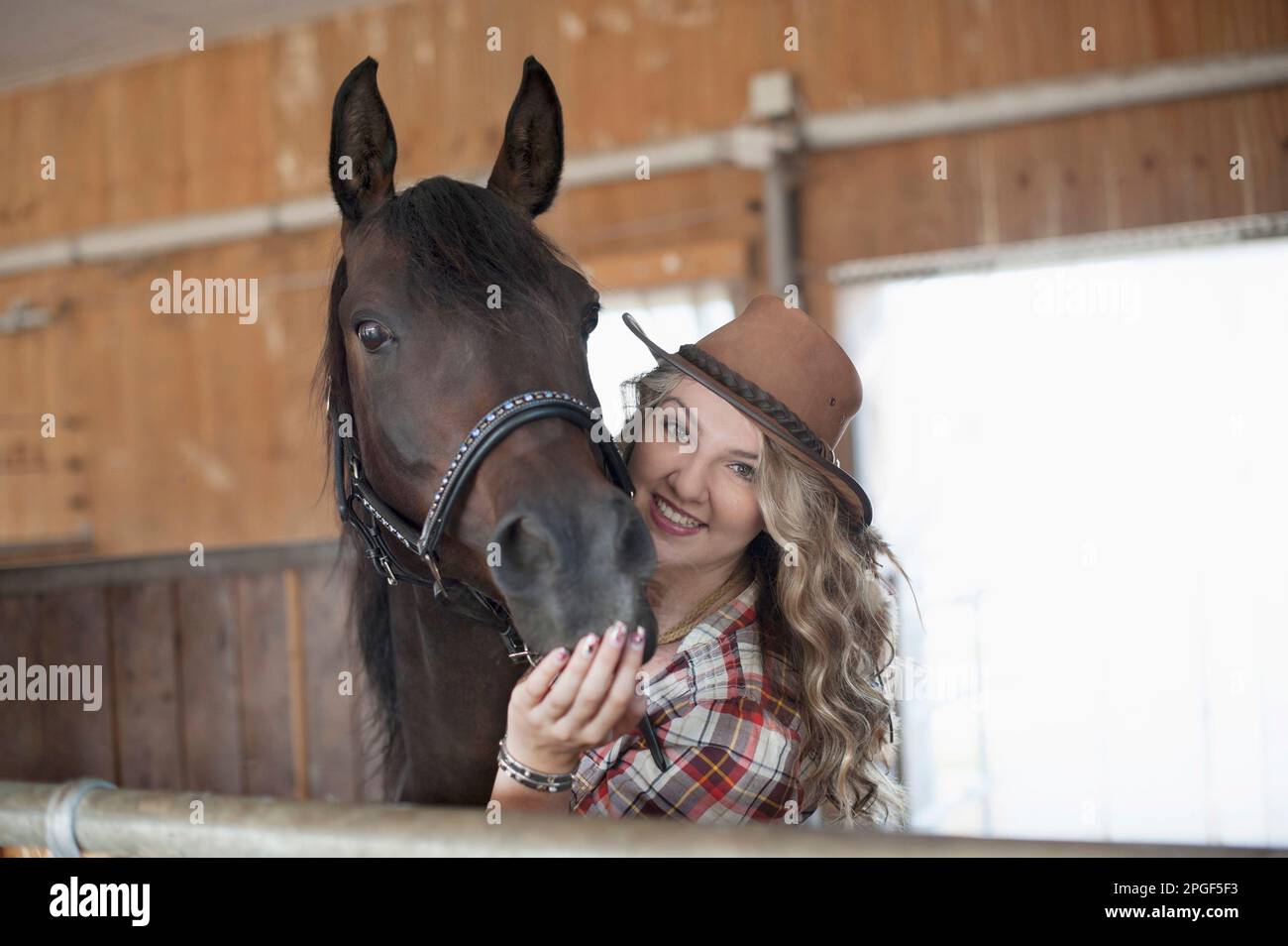 Porträt einer jungen Frau, die ihr braunes Pferd in der Scheune streichelte und lächelte, Bayern Stockfoto