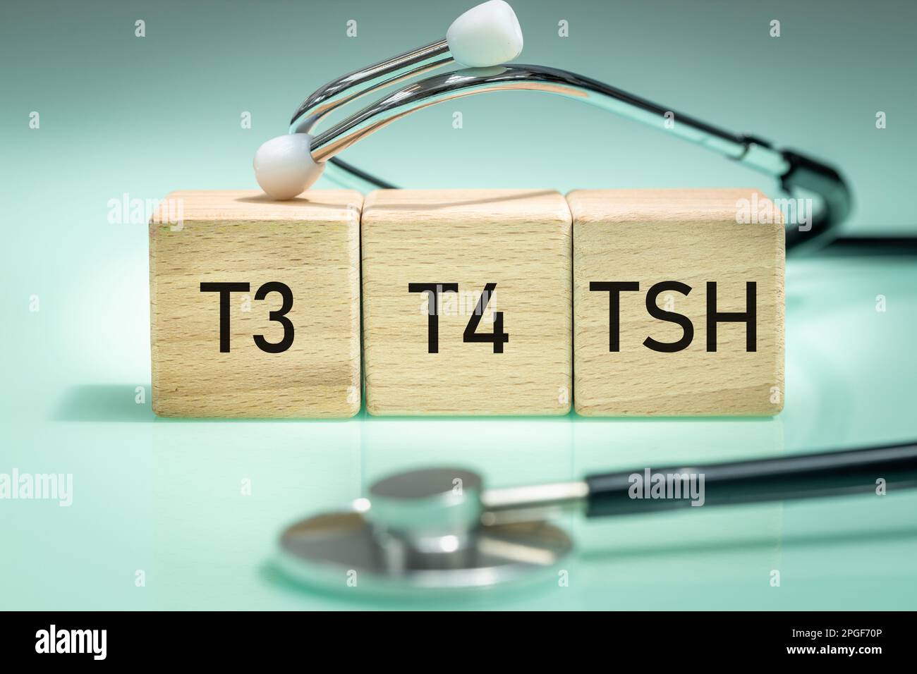 TSH, Diagnose von Schilddrüsenerkrankungen, medizinische Untersuchung von T3 und T4, Produktion und Sekretion von Hormonen, Hypothyreose oder Hyperthyreose, Holz Stockfoto