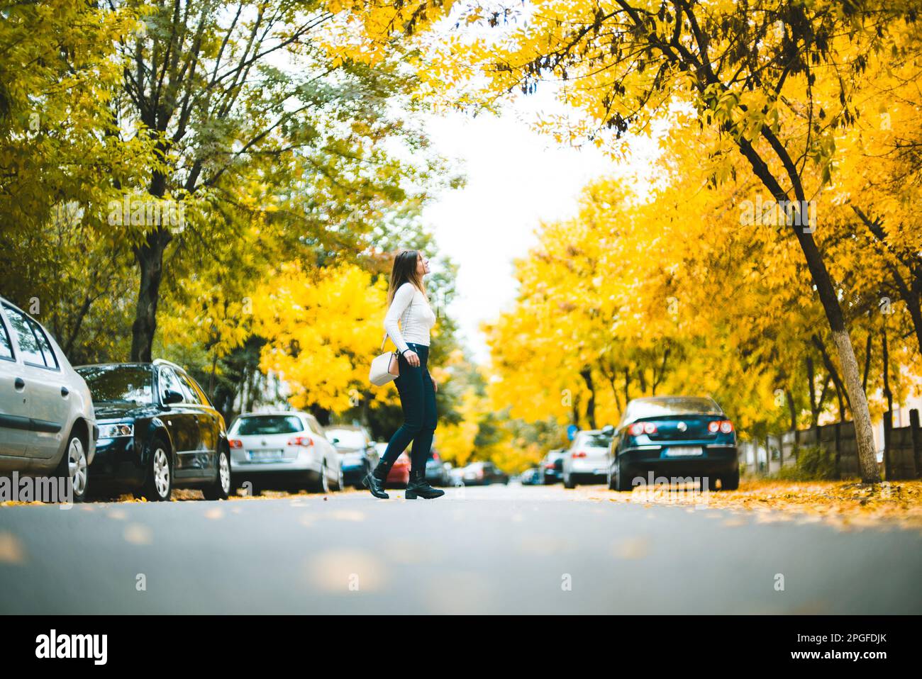 Ein Mädchen, das in der Herbstsaison in der Mitte der Straße herumläuft Stockfoto
