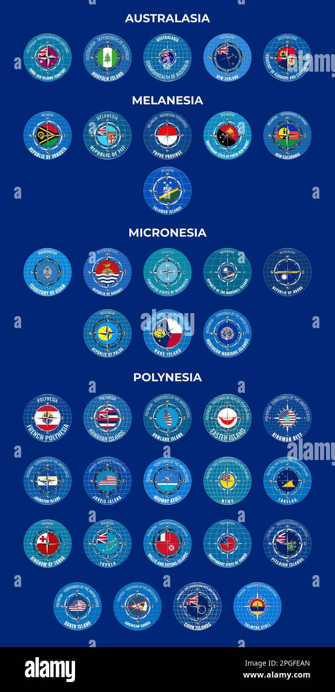Eine Reihe von Vektordarstellungen der Flaggen der Länder Australien und Ozeanien in Form einer Windrose. Gruppen Australasien, Mikronesien, Mela Stockfoto