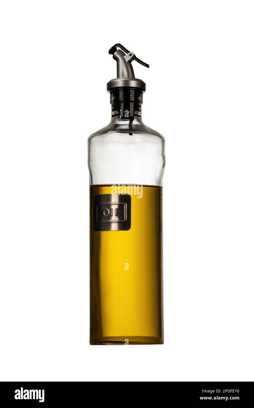 Flasche Olivenöl auf weißem Hintergrund isoliert Stockfoto