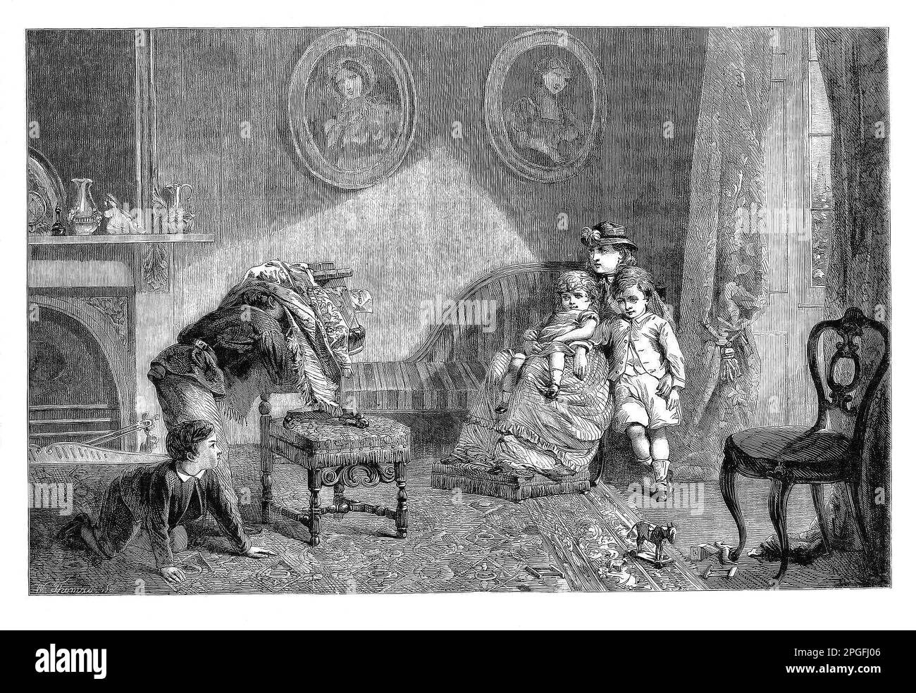 Ein fotografisches Porträt, das von einer Mutter und zwei ihrer Kinder in einem Salon der Mittelschicht in der Mitte des 19. Jahrhunderts in England gedreht wird. Von "der Fotograf" von William Bromley Stockfoto