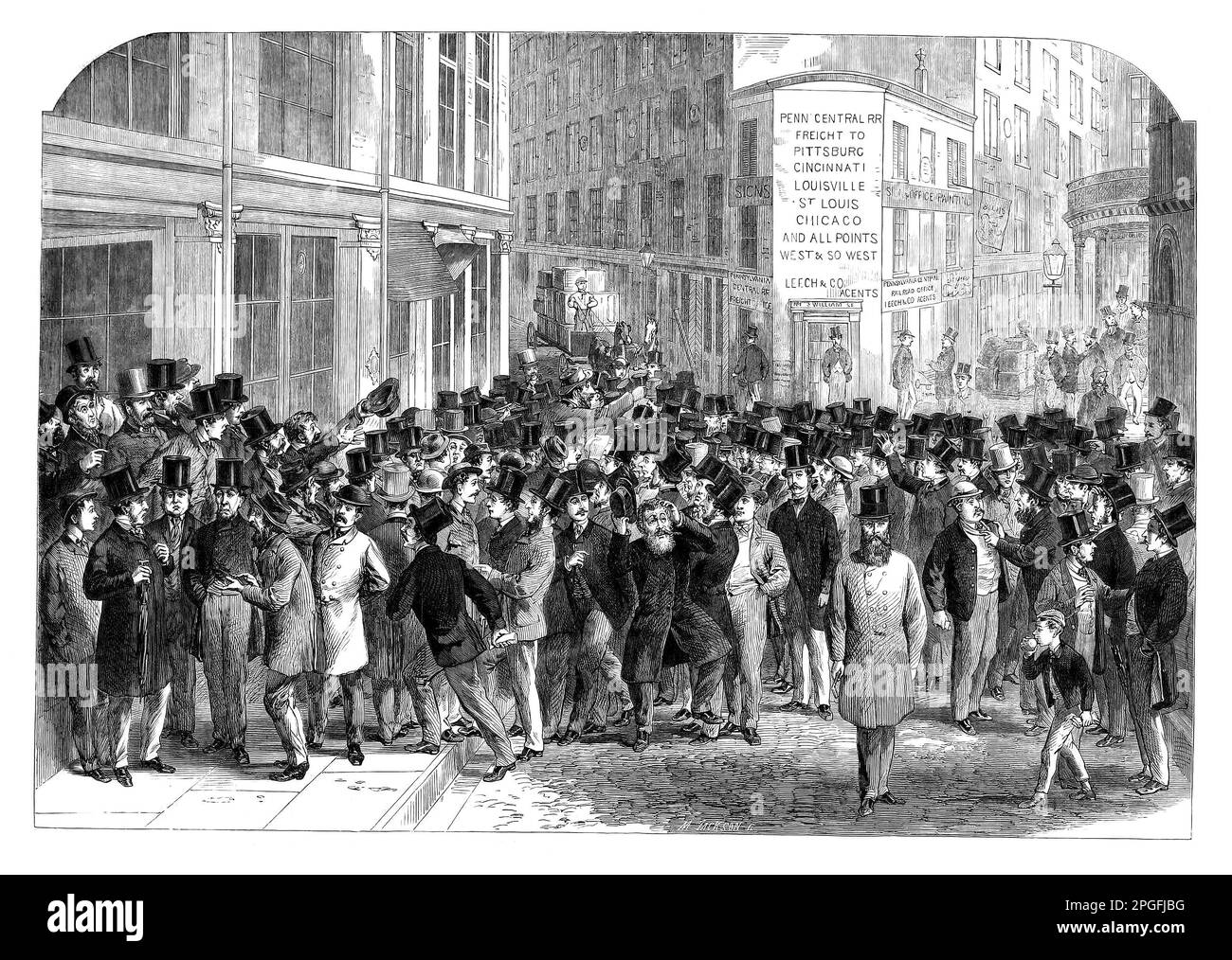Kerbstone Stockbrokers drängen sich auf eine New Yorker Straße, Vereinigte Staaten von Amerika, um 1864 Stockfoto