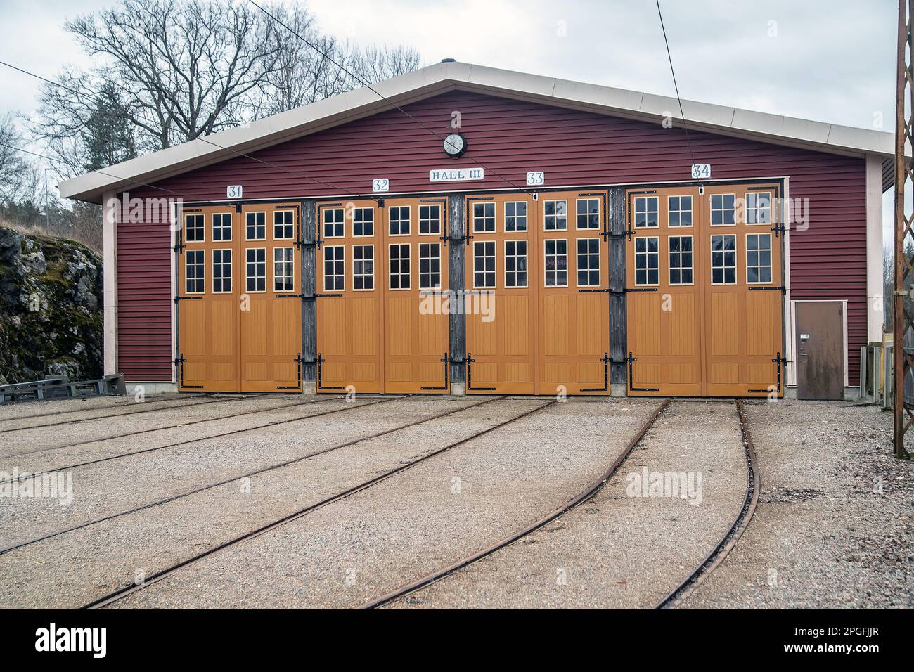 Reparaturhalle für Straßenbahnen in malmköping, schweden Stockfoto