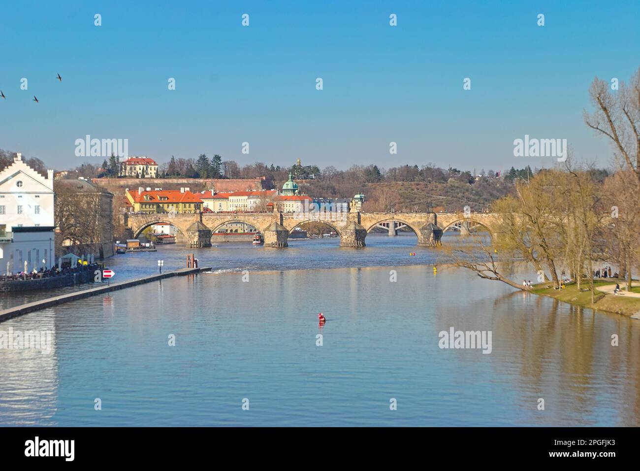 Blick auf die Karlsbrücke in Prag von der Moldau, Tschechische Republik Stockfoto