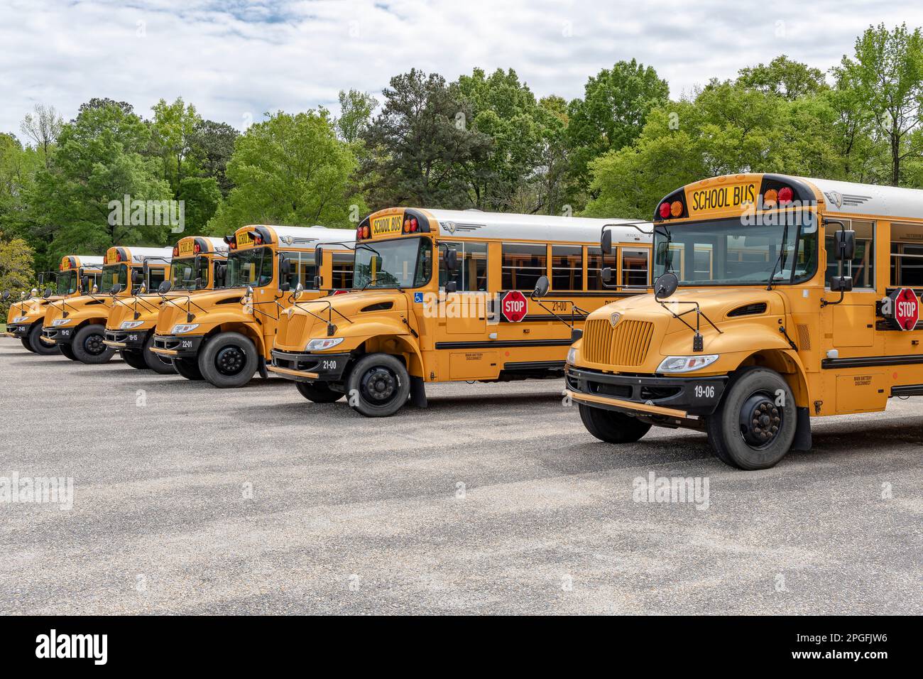 Eine Reihe leerer gelber Schulbusse, die darauf warten, Kinder zur Schule in Montgomery, Alabama, USA, zu bringen. Stockfoto