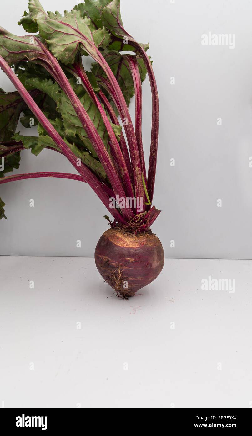 Vorderansicht frischer Rote Bete und Blätter auf isoliertem weißem Hintergrund. Stockfoto