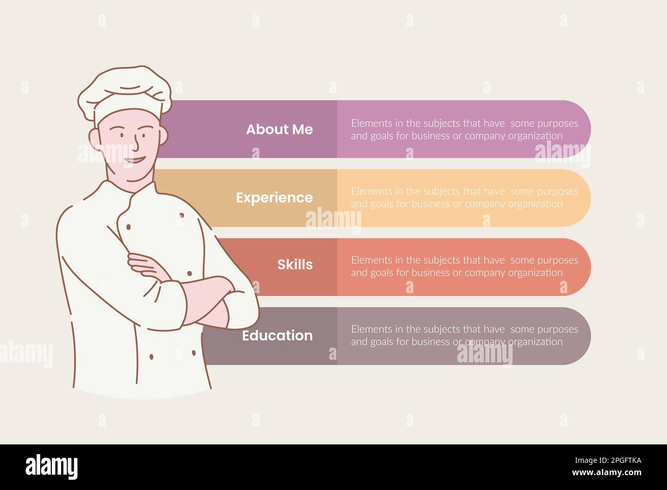 Infografik des Küchenchefs mit 4-Punkt-Bühnensequenz mit vertikaler Anordnung und selbstbewusstem Arm mit Kreuzhand und Lächeln mit moderner flacher Vektordarstellung Stockfoto