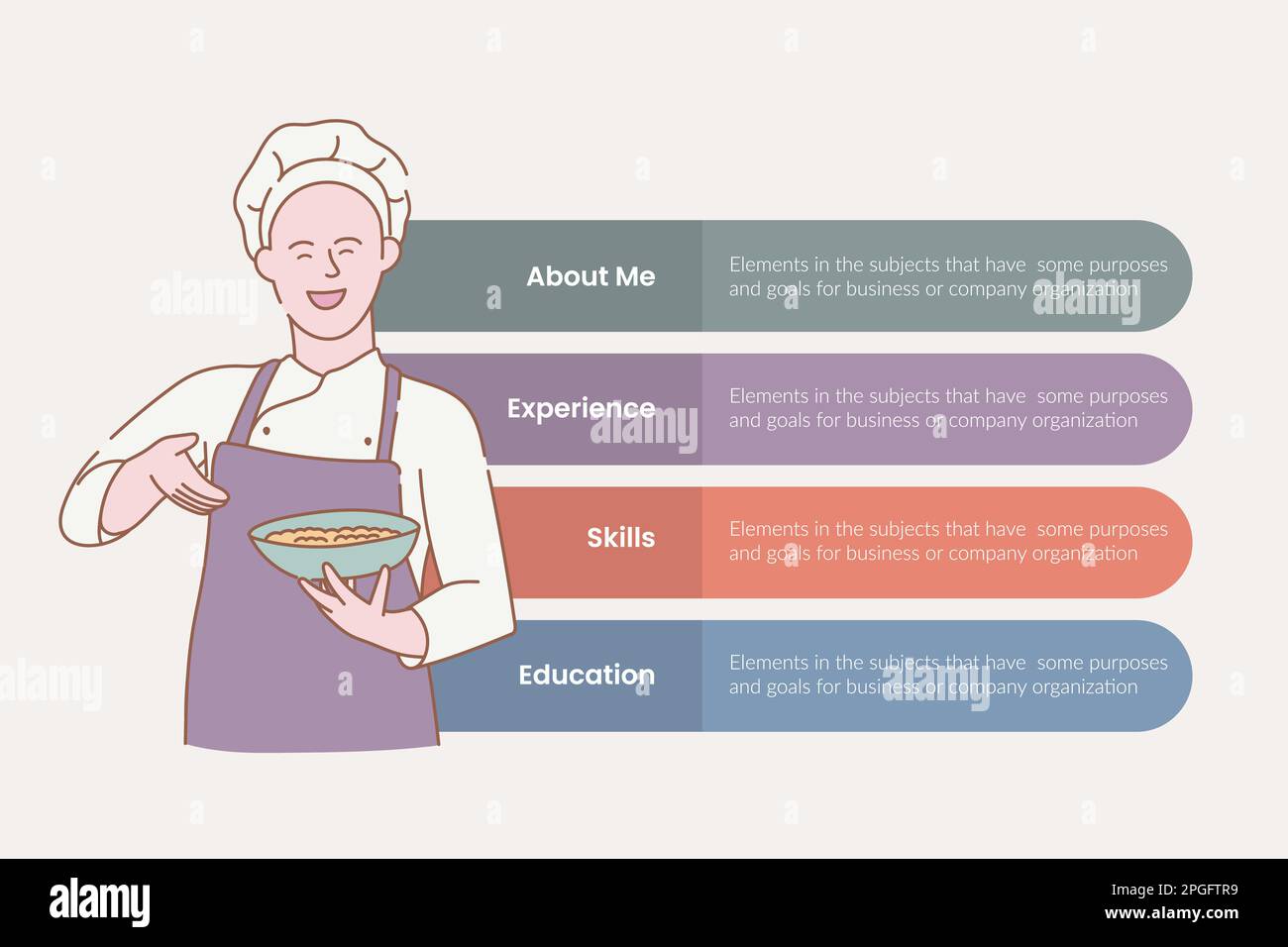 Infografik des Küchenchefs mit 4-Punkt-Bühnensequenz mit vertikaler Anordnung und Haltevorrichtung mit moderner, flacher Vektordarstellung Stockfoto