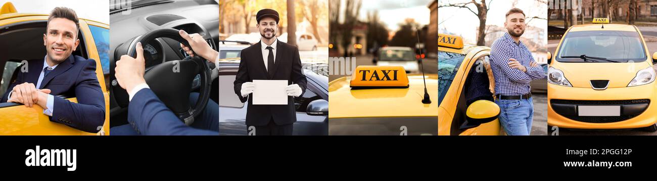 Collage von Taxifahrern mit Autos Stockfoto
