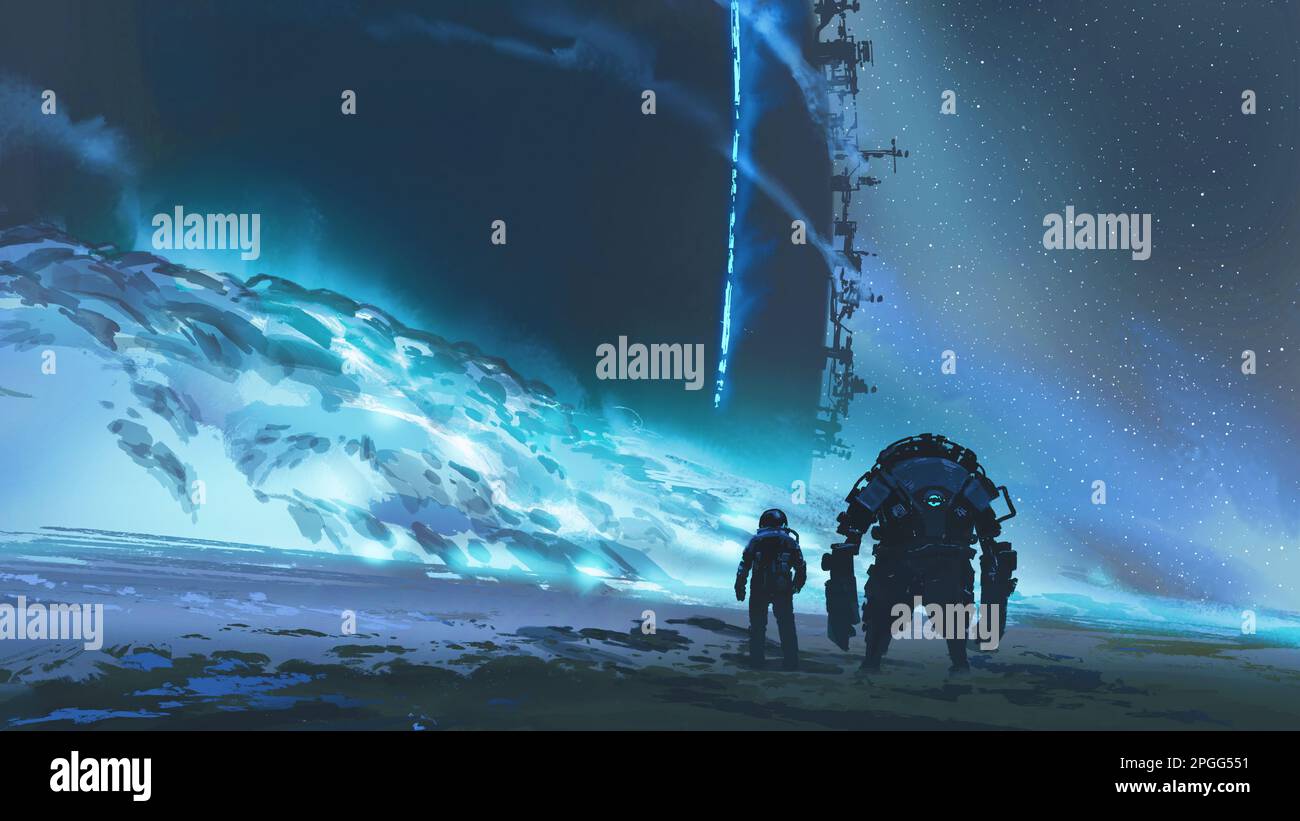 Spaceman und Roboter auf dem Weg zu einem riesigen Bauwerk, teilweise bedeckt mit leuchtendem blauen Sand, digitalem Kunststil, Illustrationsmalerei Stockfoto