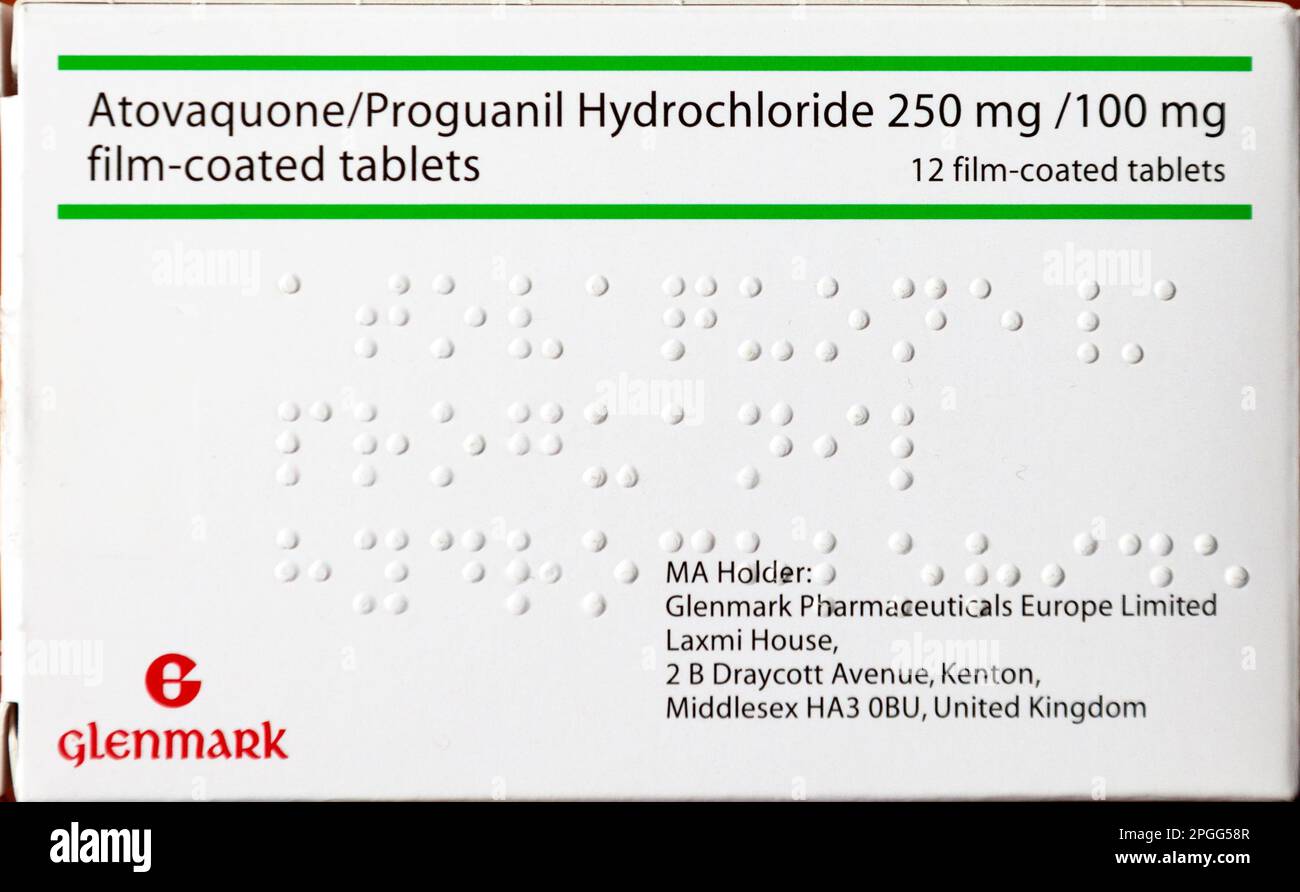 Lagerfoto einer Schachtel Atovaquon-Proguanil-Hydrochlorid-Kombinationstabletten. Malariamedikation hergestellt von Glenmark Pharmaceuticals Stockfoto