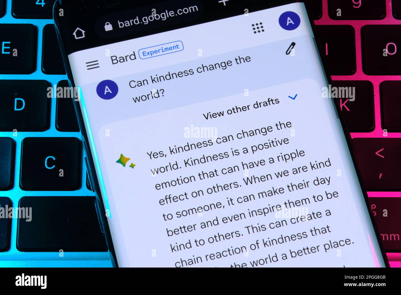 Google Bard AI-Chatbot. Echte Nutzung von Chat bot. Ich beantworte die Frage nach Güte. Stafford, Großbritannien, 22. März 2023 Stockfoto