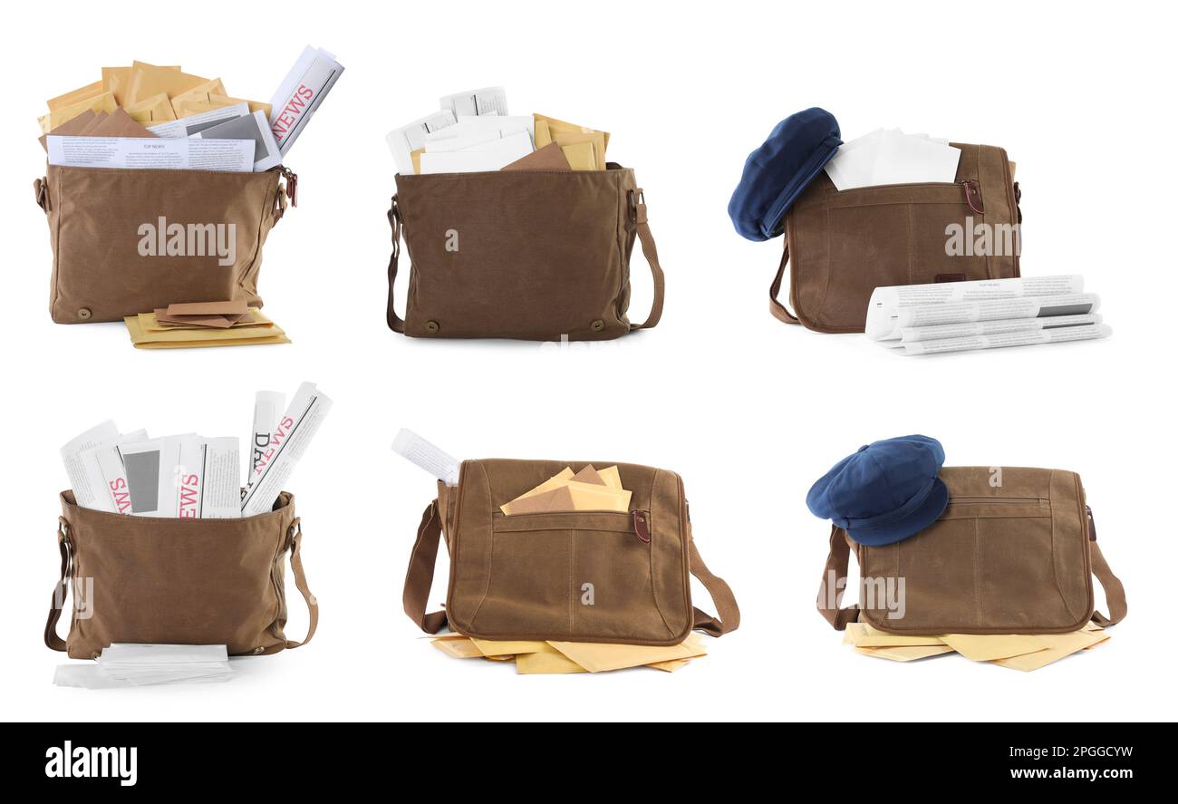 Set mit verschiedenen Brieftaschen mit E-Mails und Zeitungen auf weißem Hintergrund Stockfoto
