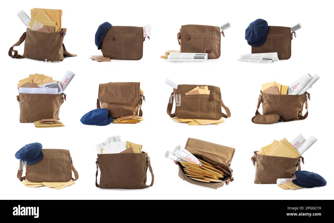 Set mit verschiedenen Brieftaschen mit E-Mails und Zeitungen auf weißem Hintergrund Stockfoto