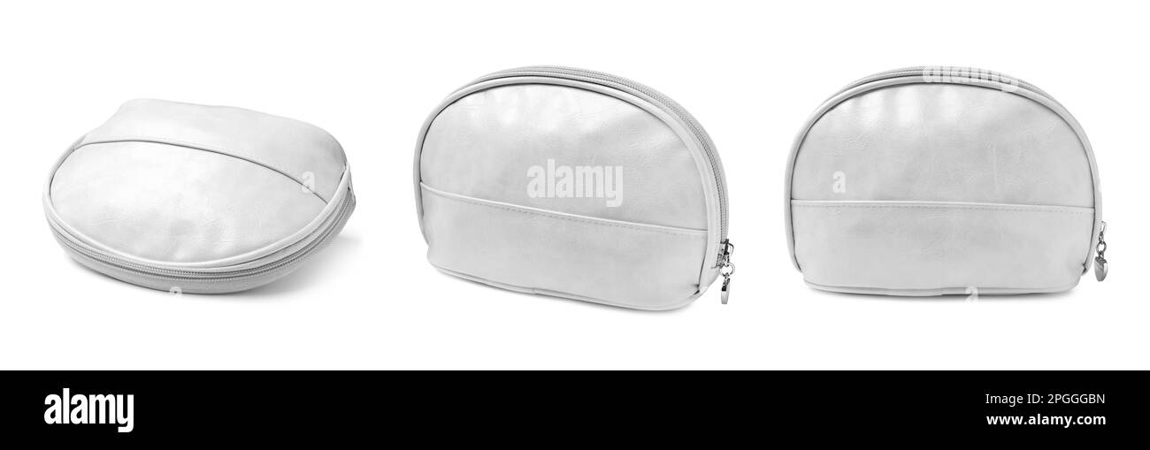 Set mit stilvollen Kosmetikbeuteln auf weißem Hintergrund. Bannerdesign Stockfoto