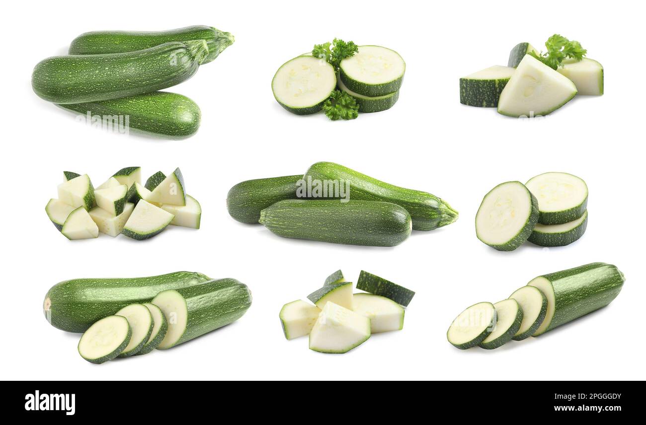 Set frischer reifer Zucchinis auf weißem Hintergrund Stockfoto
