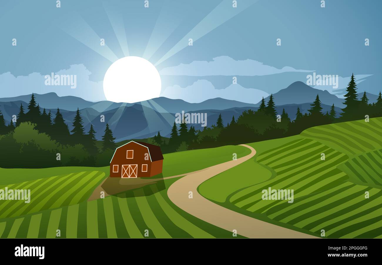 Schöner Sonnenaufgang auf dem Land mit Ackerland und Bergen Stock Vektor