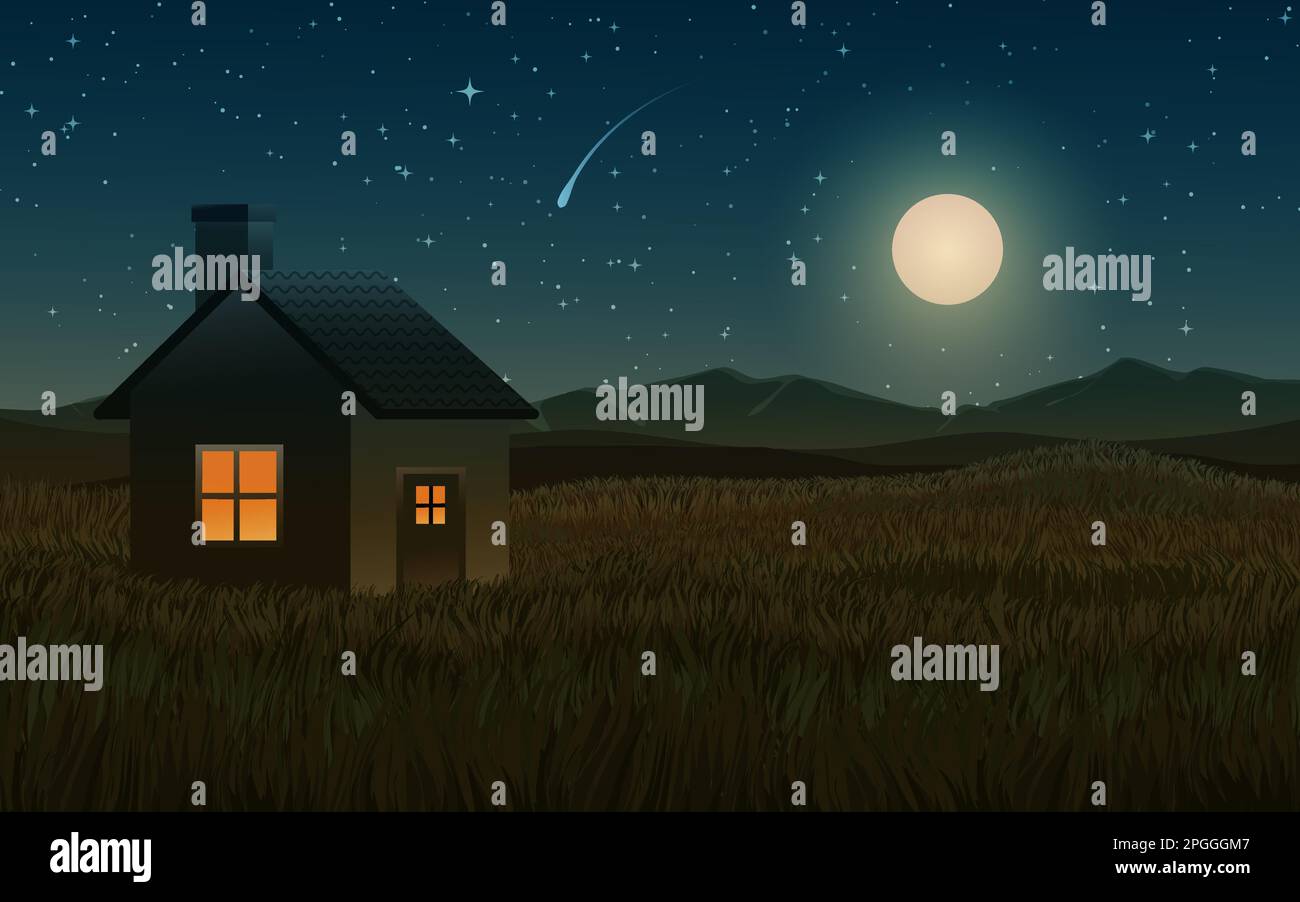 Mondscheinnacht auf dem Land mit Haus auf der Wiese Stock Vektor