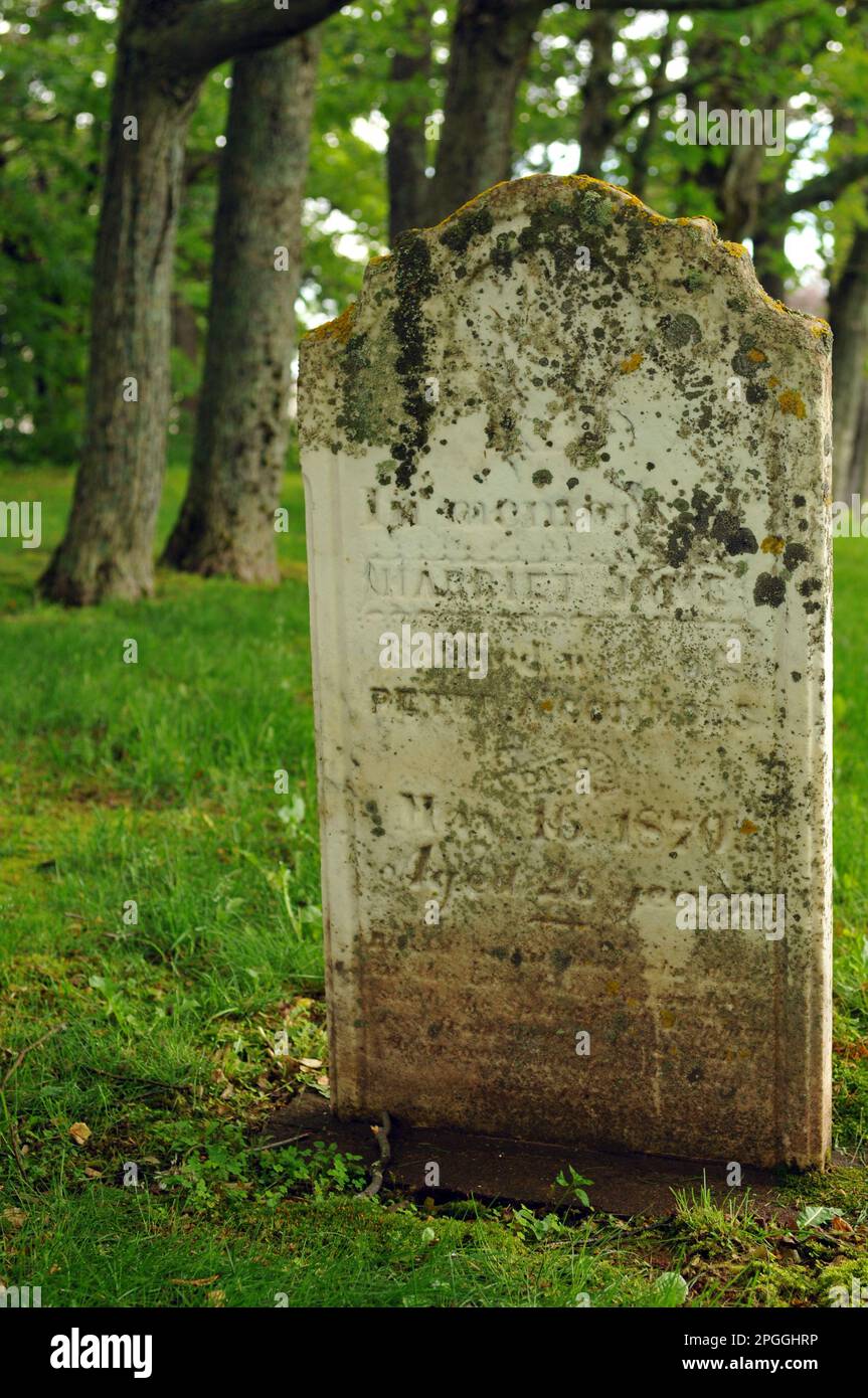 Ein moosbedeckter Grabstein aus dem 19. Jahrhundert steht auf einem ländlichen Friedhof auf Prince Edward Island, Kanada. Stockfoto