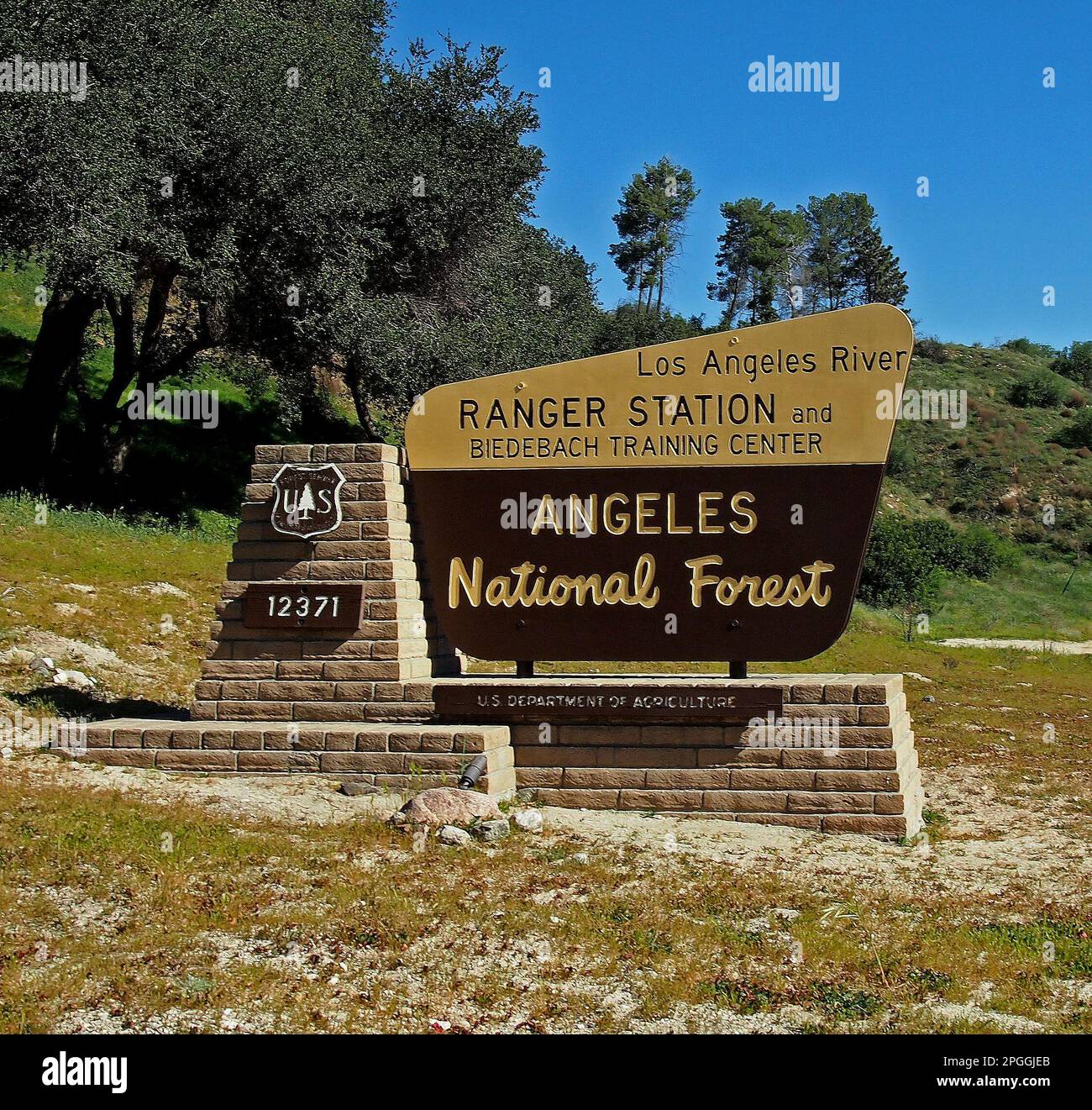 Los Angeles Ranger Station und Biedebach Training Center, Angeles National Forest, Schild, Kalifornien Stockfoto