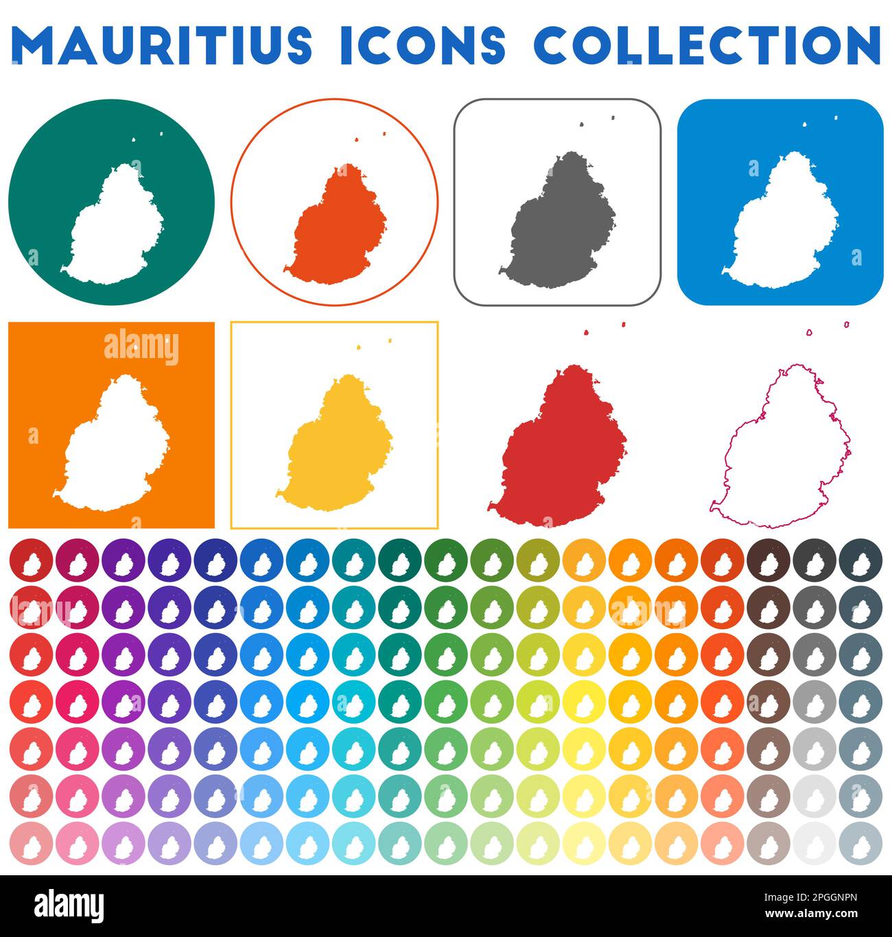 Mauritius Icons Kollektion. Bunte, trendige Kartensymbole. Modernes Mauritius-Abzeichen mit Inselkarte. Vektorabbildung. Stock Vektor