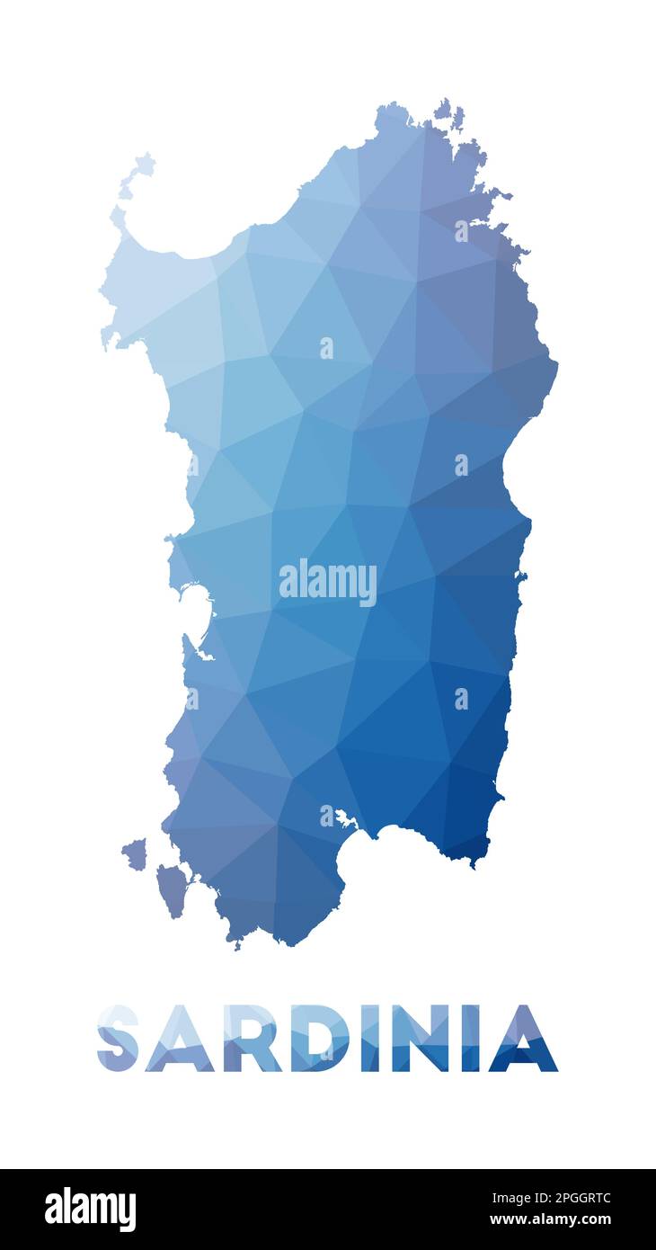Niedrige Poly-Karte von Sardinien. Geometrische Darstellung der Insel. Polygonale Karte Sardinien. Technologie, Internet, Netzwerkkonzept. Vektorabbildung. Stock Vektor